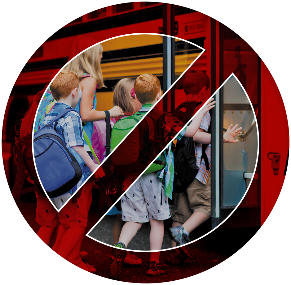 A bold red prohibited symbol crossing out an image of children boarding a school bus.