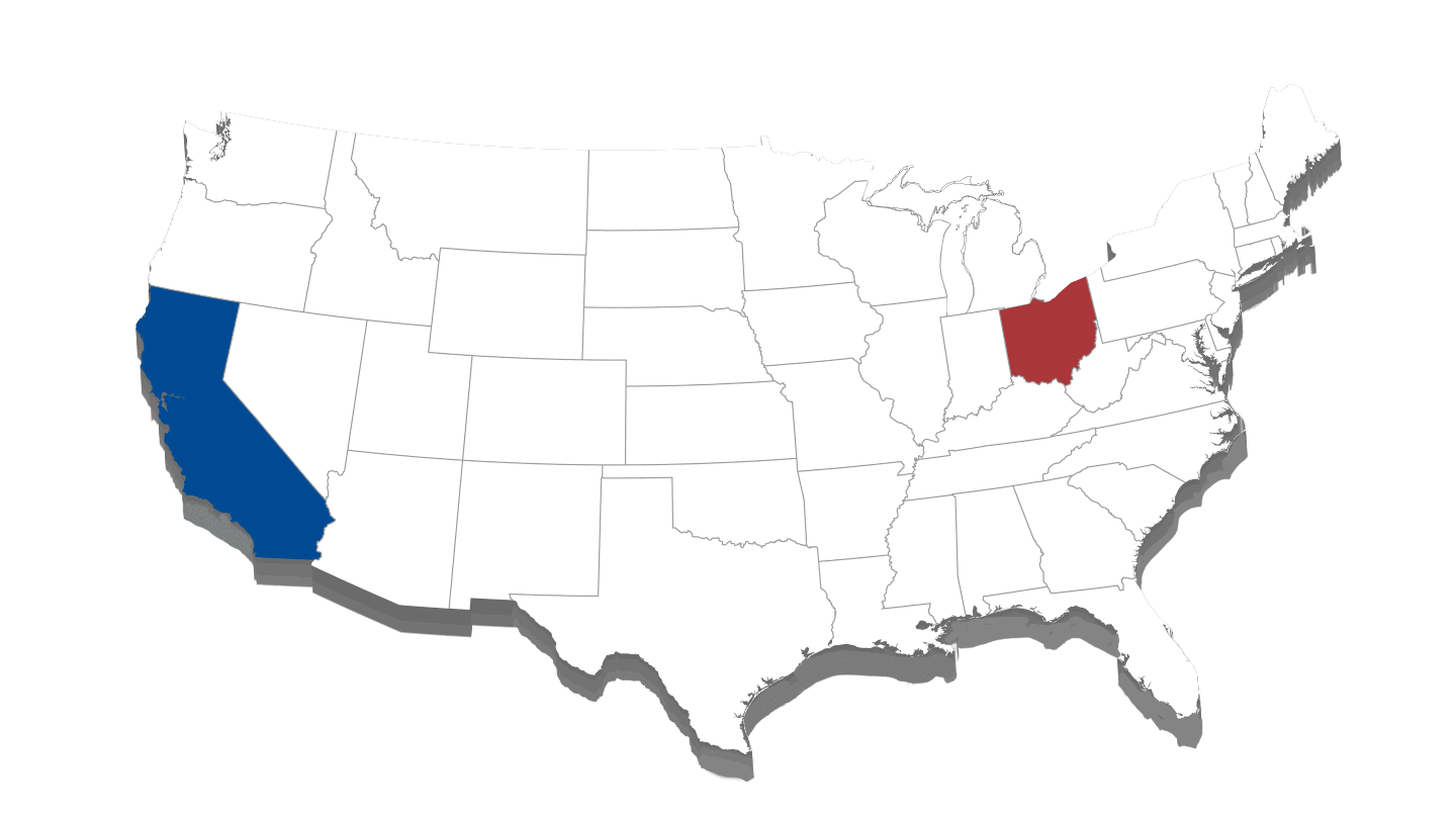 A map of the United States in which California is colored blue and Ohio is colored red. A trail of dollar bills appears between the two states, like a bridge connecting them.